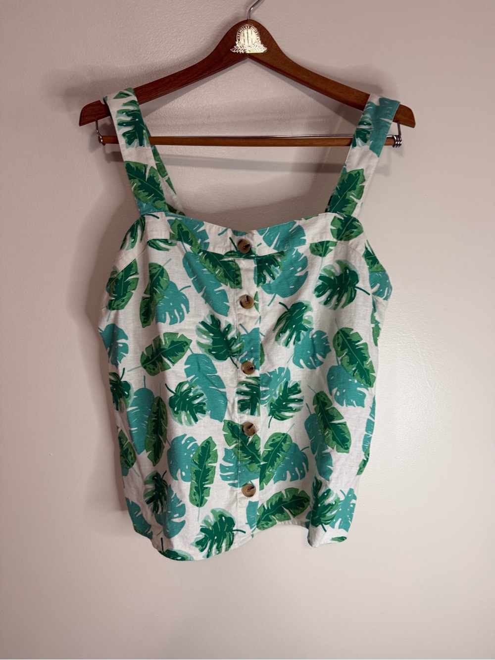 J.Crew Green Leaf Print Button-Front Women’s linen blend  Tank Top size large - Picture 2 of 10